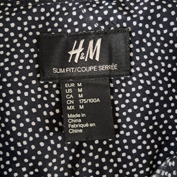 H&M Mens Slim Fit Stretch Button Up Shirt Black White Polka Bot Size Medium - Picture 5 of 9